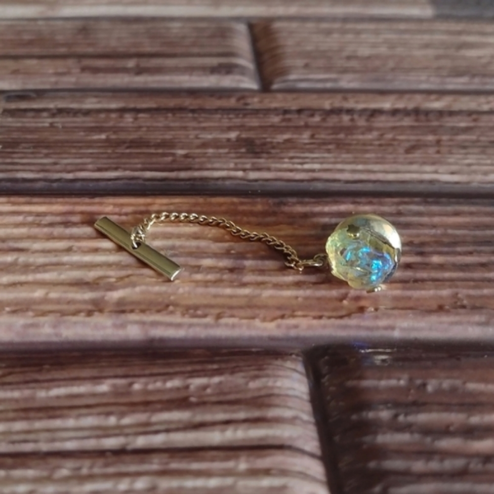 Vintage Private Label Moon Rock Tie Pin Gold Tone Chain w/ Albert T-Bar
